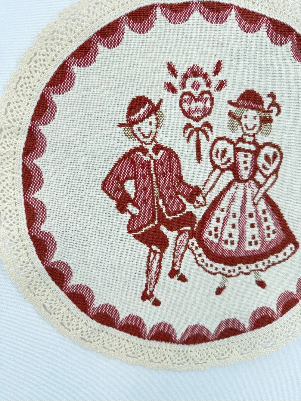 Vintage Austrian Folk Art Round Table Doily Red Cream Alpine Lace Trim